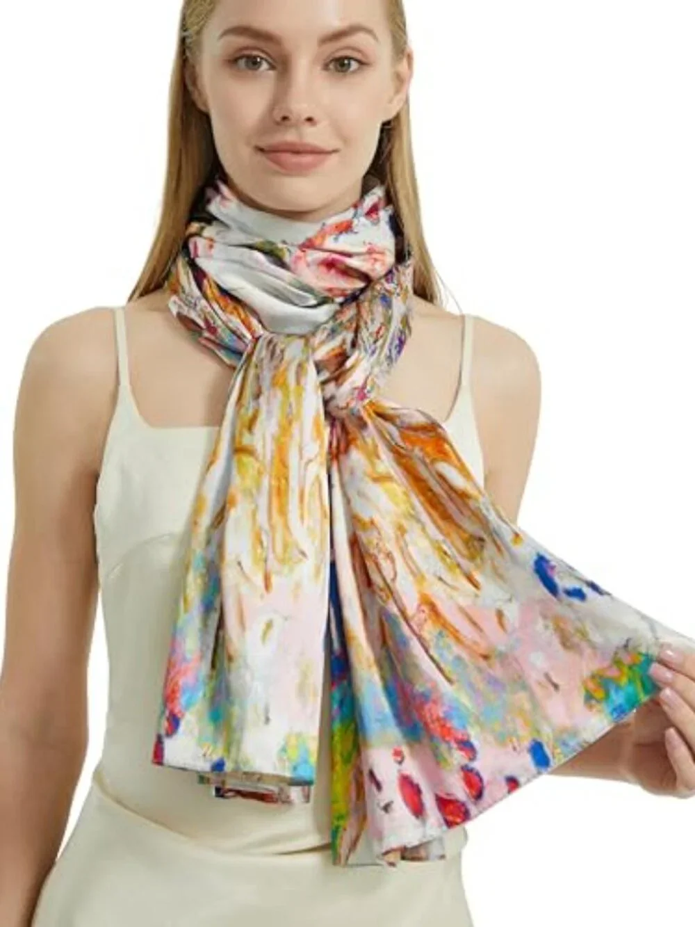 Floral Print Long Scarf Lightweight Silk Feeling Shawl Double-Sided